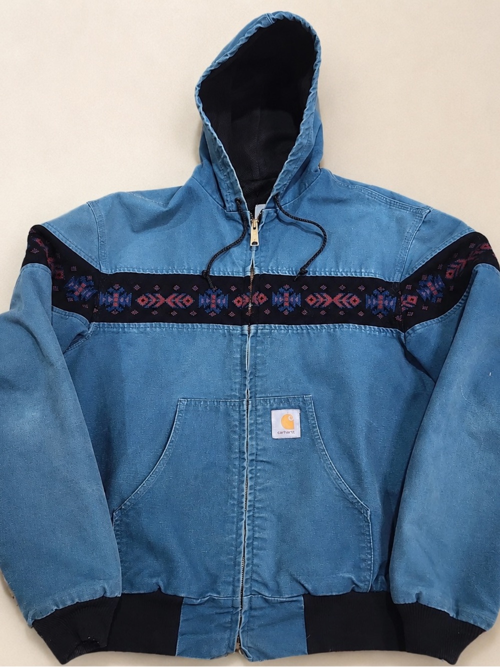 Carhartt Blue Hooded Bomber Jacket with Patterned Black Yoke